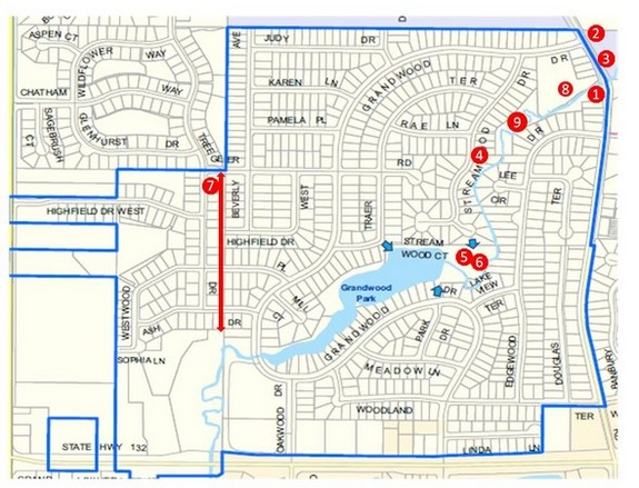 Map of Grandwood Park parks and facilities. Parks and facilities are indicated by number: 1 Community Center, 2 Pole Barn, 3 Hutchins Athletic Field, 4 Adam’s Park, 5 Sports Courts, 6 Lake Park, 7 Unity Trail, 8 Tower Park, and 9 Hidden Park