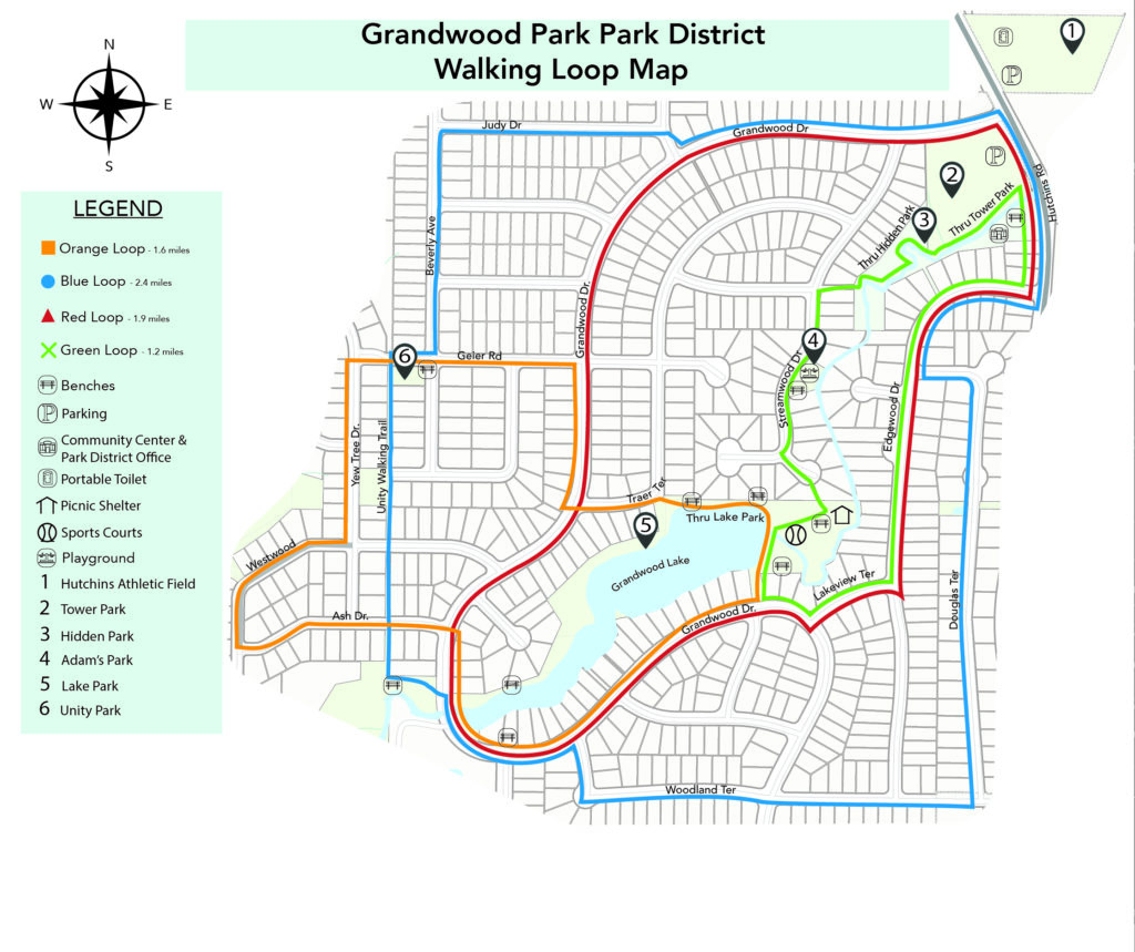 Map of Grandwood Park Park District showing three walking loops: Orange Loop (1.2 miles), Blue Loop (2 miles), and Green Loop (1.5 miles). Points of interest include benches, parking, a community center, and various parks. A compass rose is in the top left.
