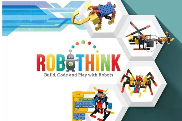 colorful picture that says RoboThink and has images of battle bots