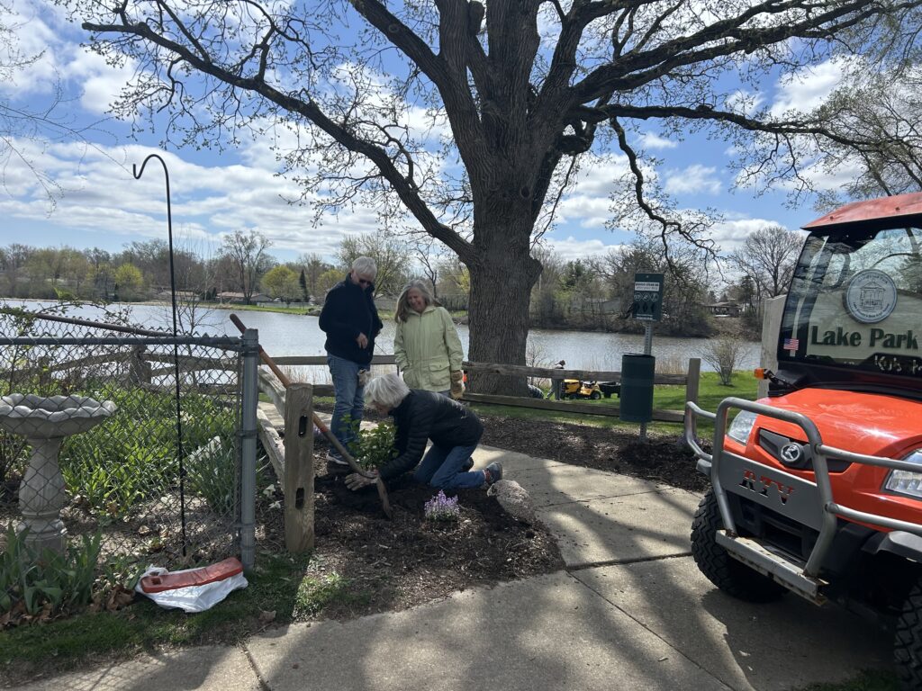 3 people planting flowers along a sidewalk in a park